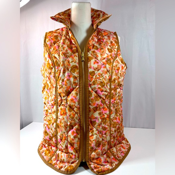 Reversible Quilted Floral Brown Tan Khaki Vest Puffer w/Pockets on tan side - Sm - Picture 3 of 9